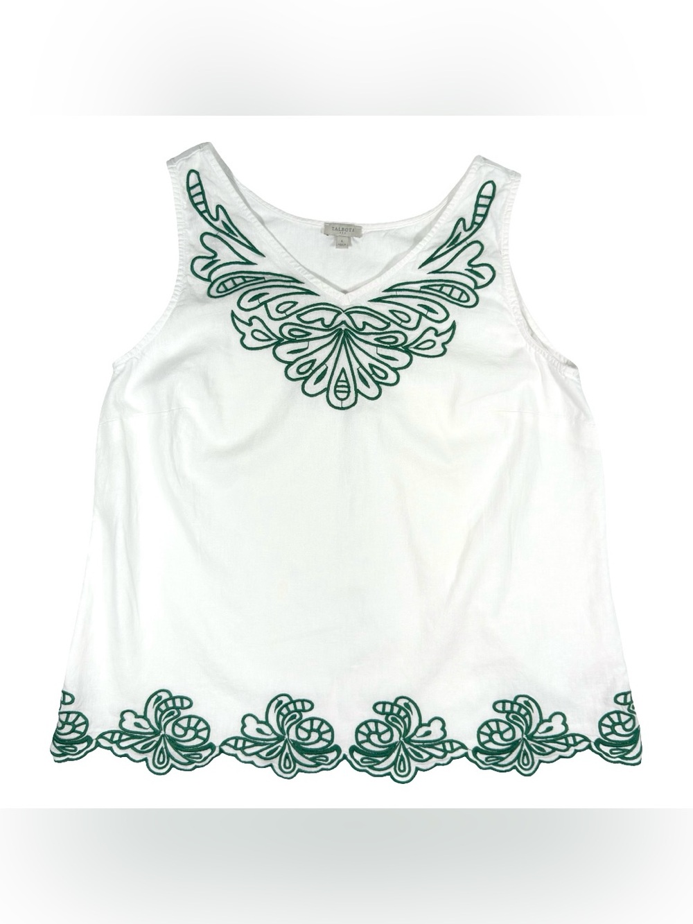 Talbots White Tank Top with Green Embroidered Trim